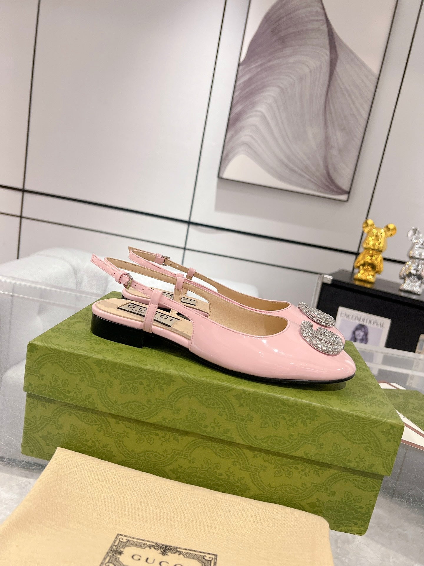 GUCCI CRYSTALS SLINGBACK BALLET LIGHT PINK CALFSKIN