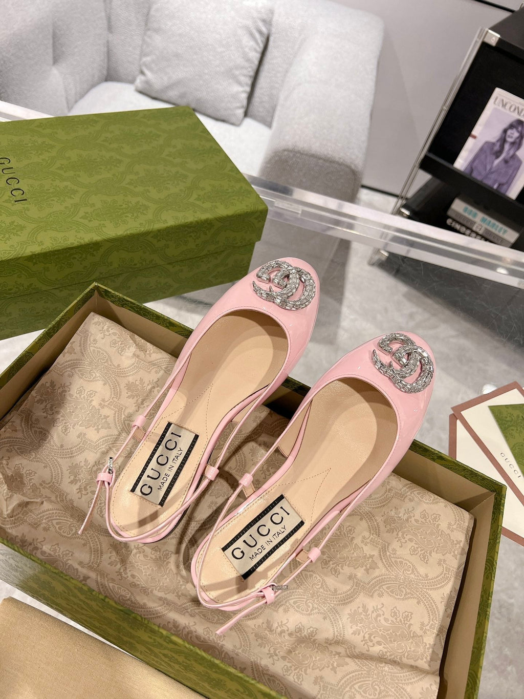 GUCCI METALIC SLINGBACK FLATS IN ROSE PINK CALFSKIN