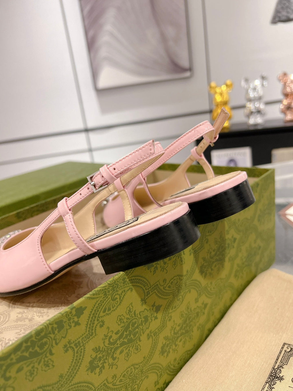 GUCCI METALIC SLINGBACK FLATS IN ROSE PINK CALFSKIN