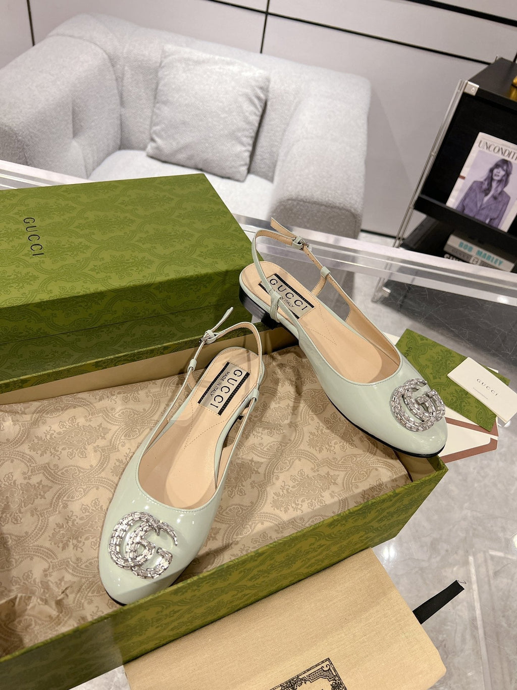 GUCCI CRYSTALS SLINGBACK BALLET SAGE CALFSKIN