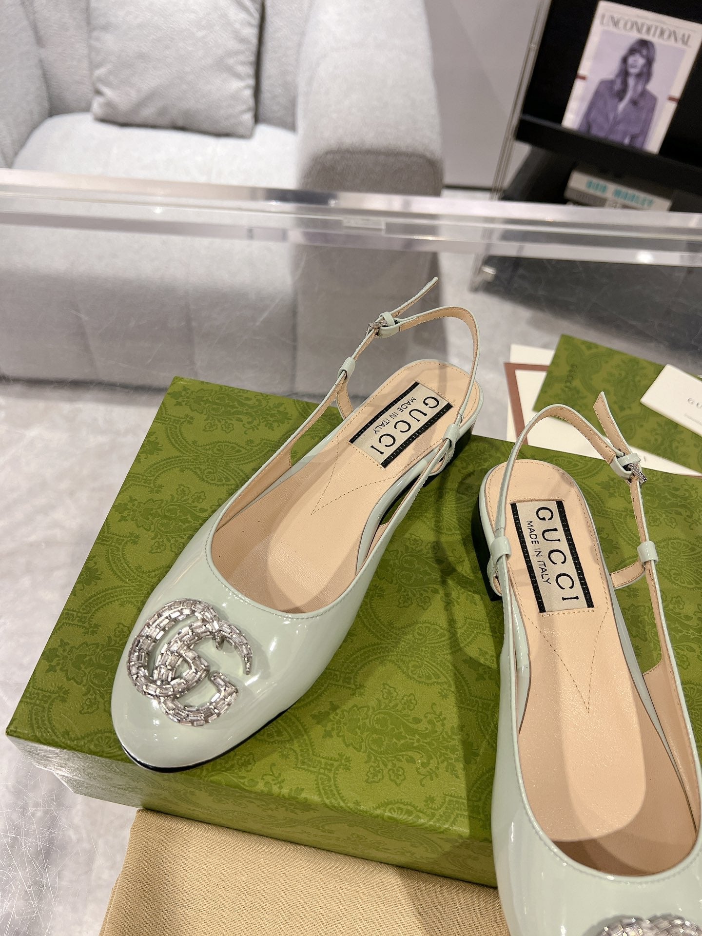GUCCI CRYSTALS SLINGBACK BALLET SAGE CALFSKIN