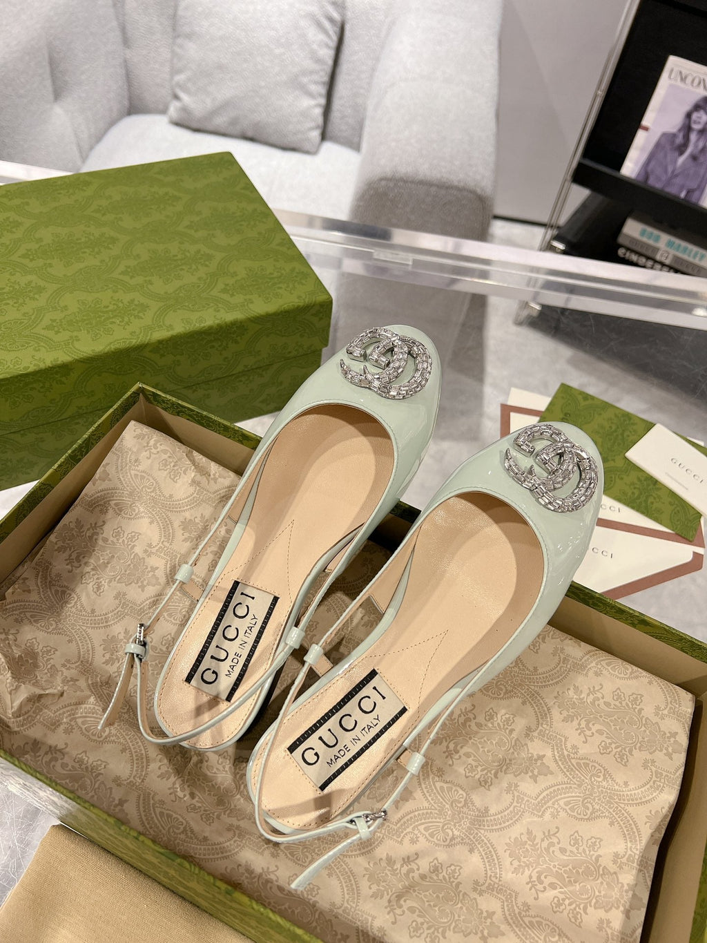 GUCCI CRYSTALS SLINGBACK BALLET SAGE CALFSKIN