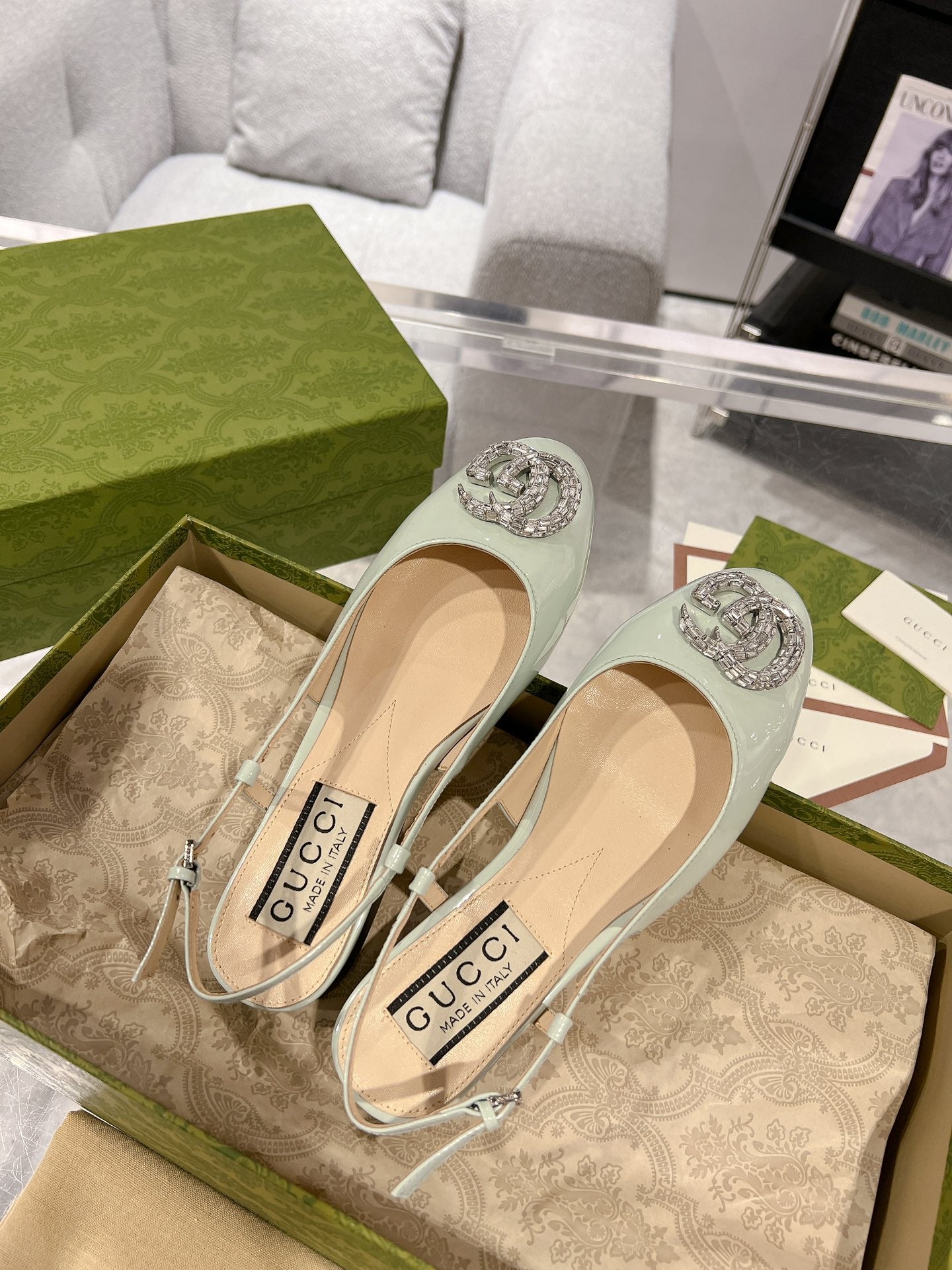 GUCCI METALIC SLINGBACK FLATS IN PISTACHIO GREEN CALFSKIN
