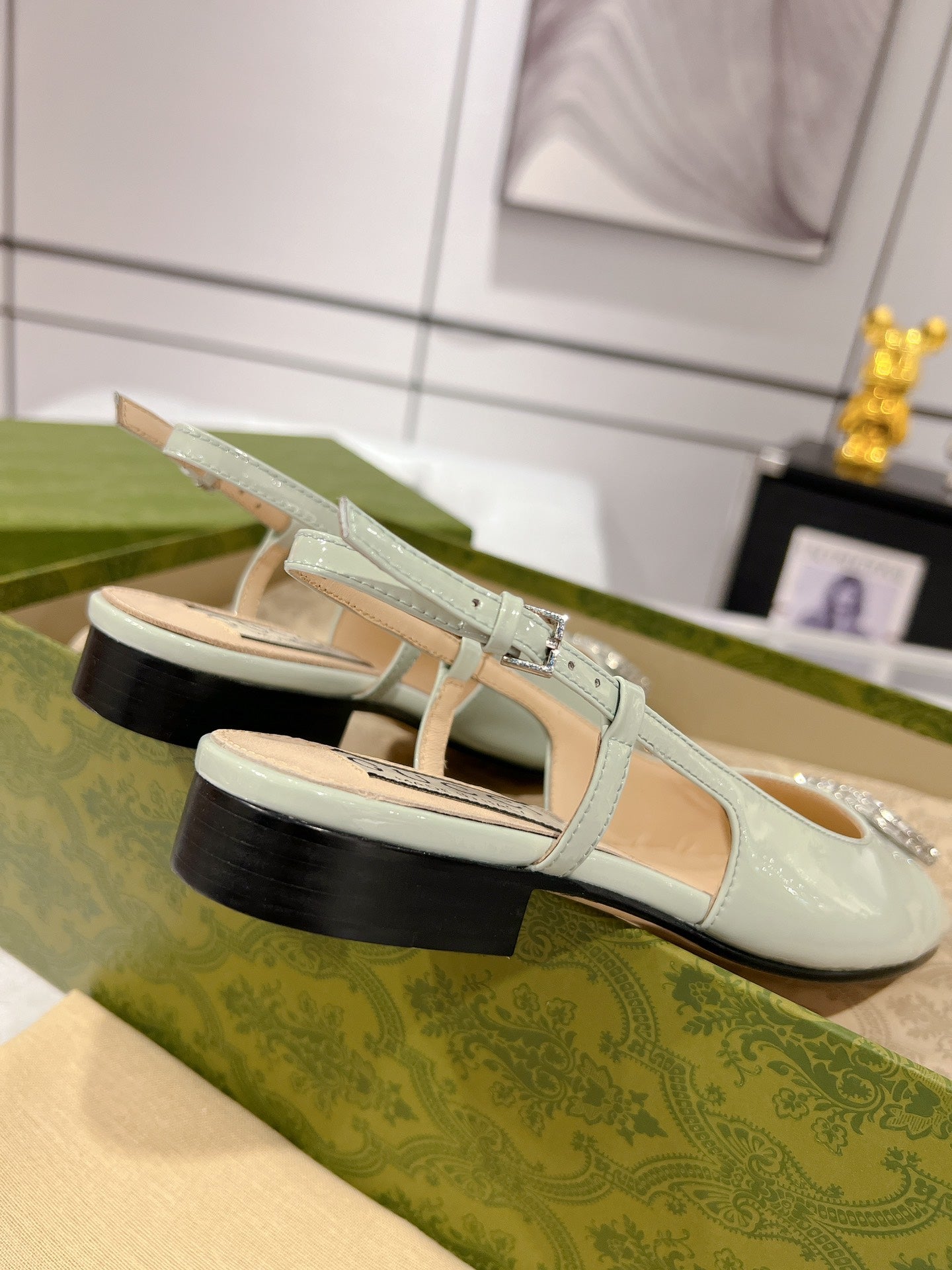GUCCI CRYSTALS SLINGBACK BALLET SAGE CALFSKIN