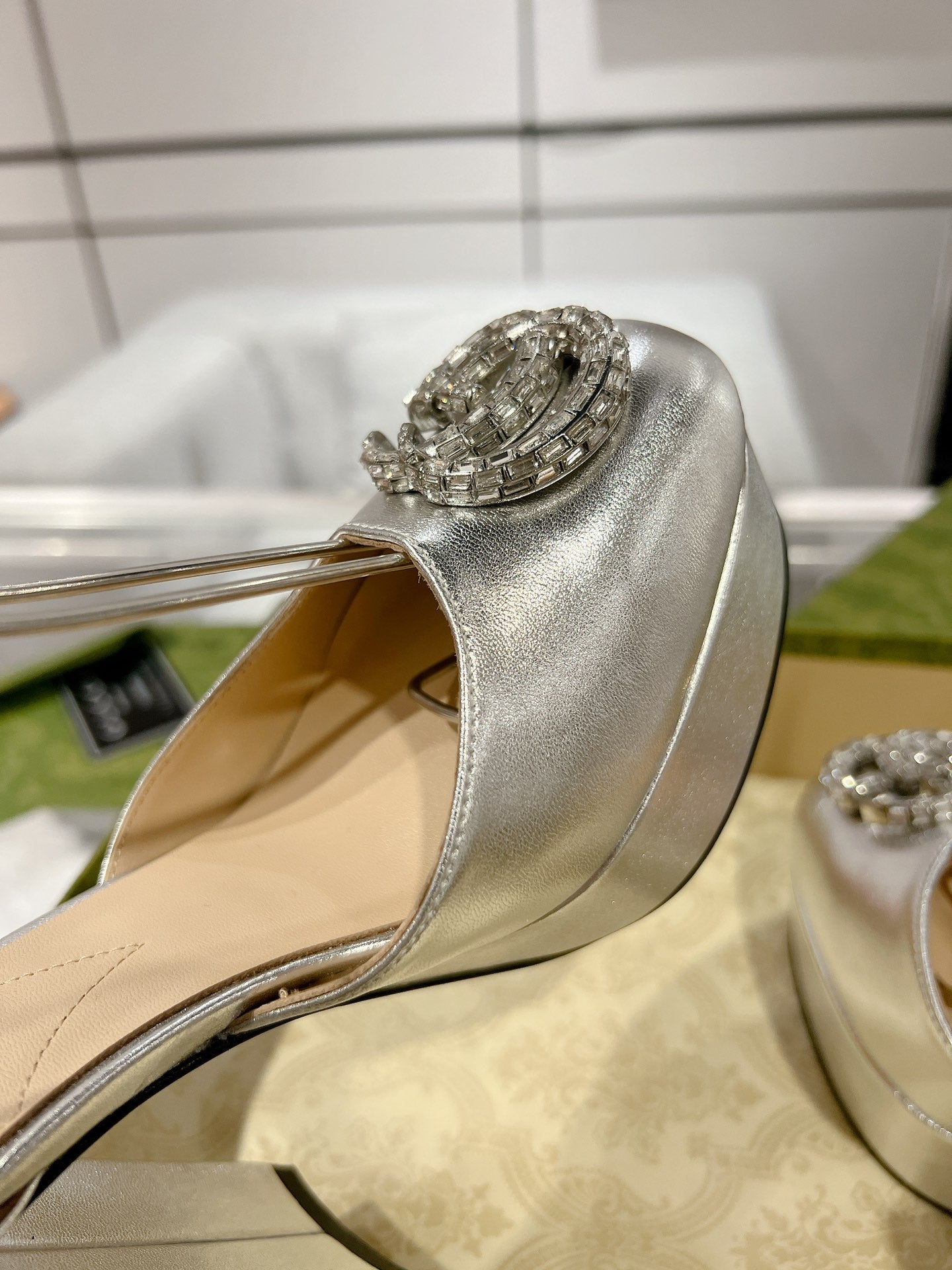 GUCCI HIGH SANDAL SQUARE HEEL 12 CM IN SILVER CALFSKIN