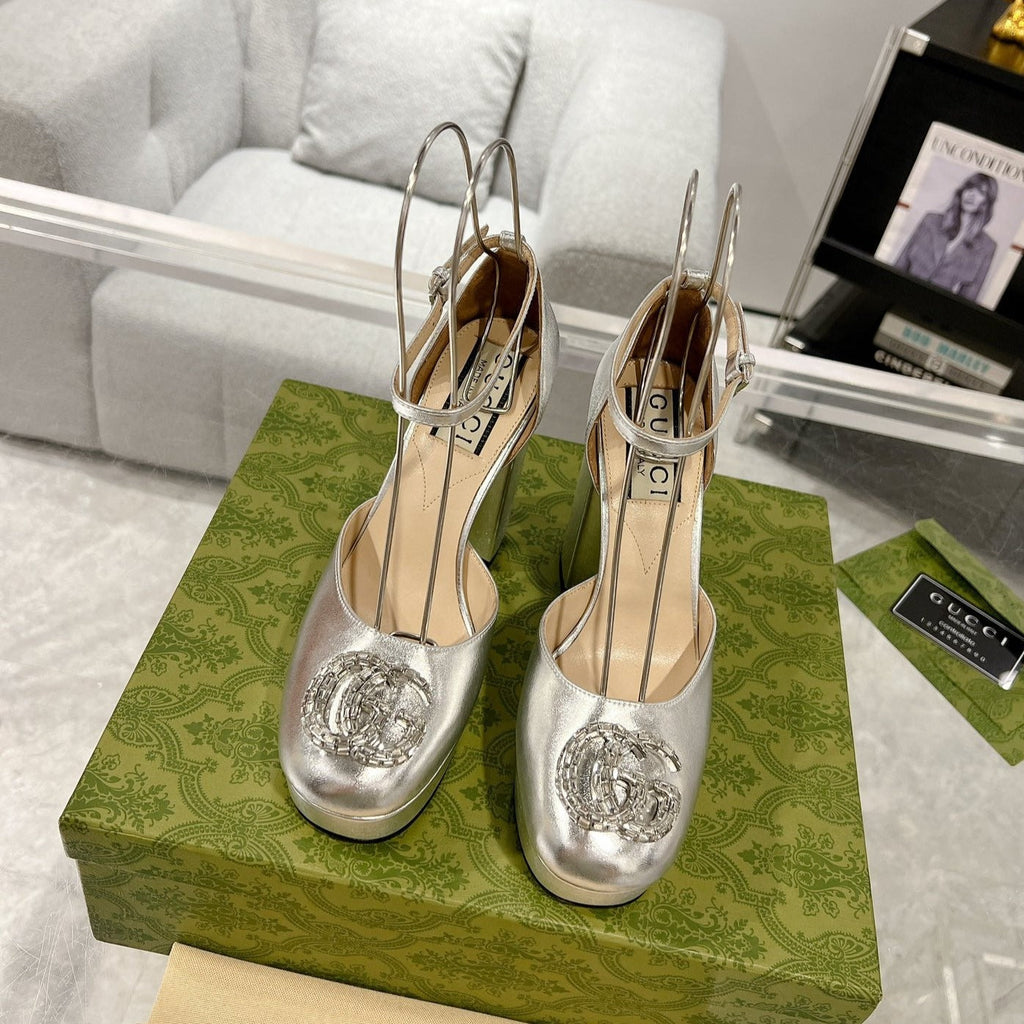 GUCCI CRYSTALS PLATFORM PUMPS SILVER CALFSKIN