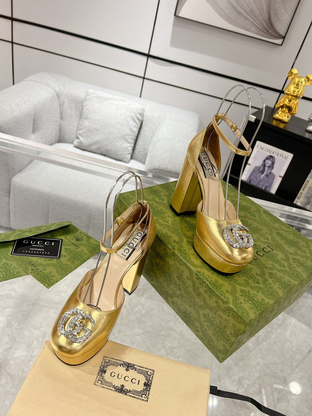 GUCCI CRYSTALS PLATFORM PUMPS METALLIC GOLD CALFSKIN