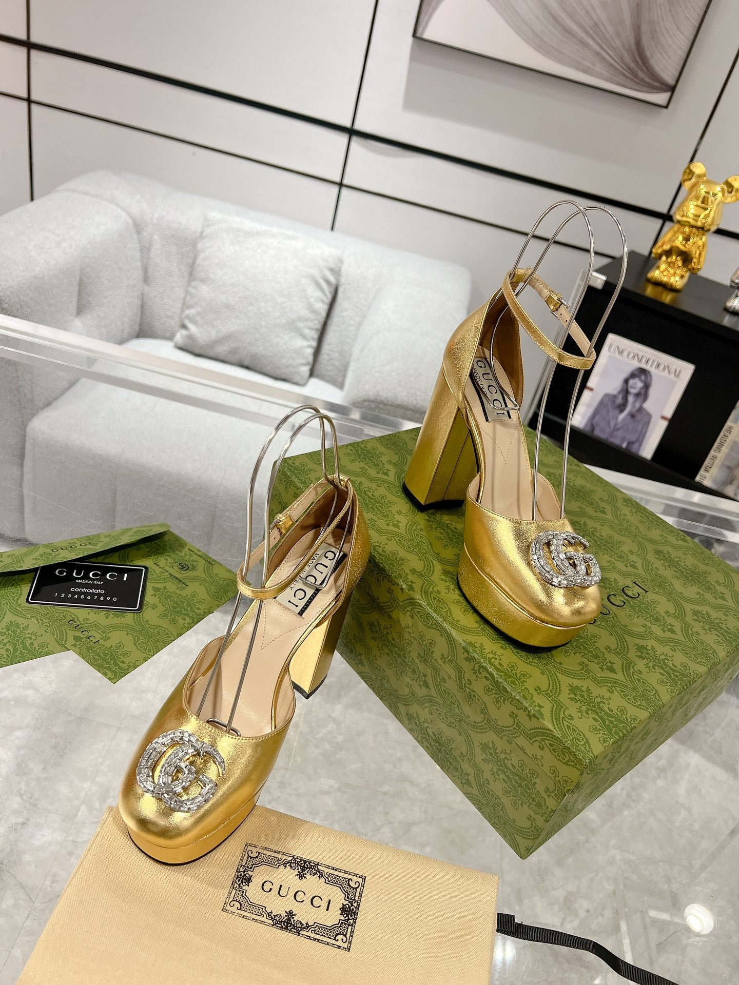 GUCCI CRYSTALS PLATFORM PUMPS METALLIC GOLD CALFSKIN