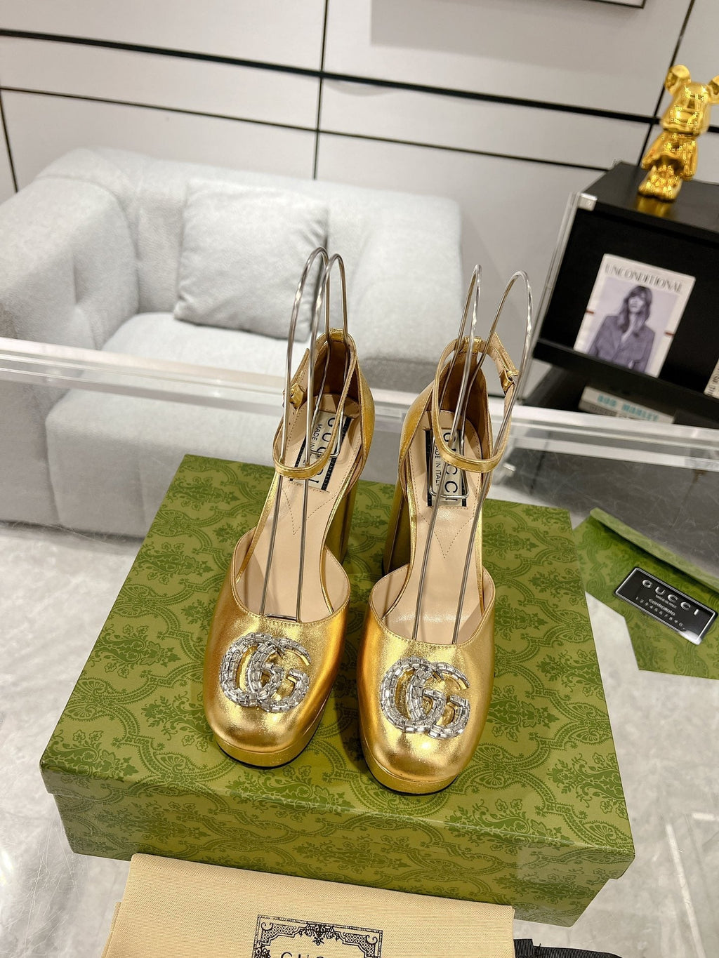 GUCCI HIGH SANDAL SQUARE HEEL 12 CM IN GOLD CALFSKIN