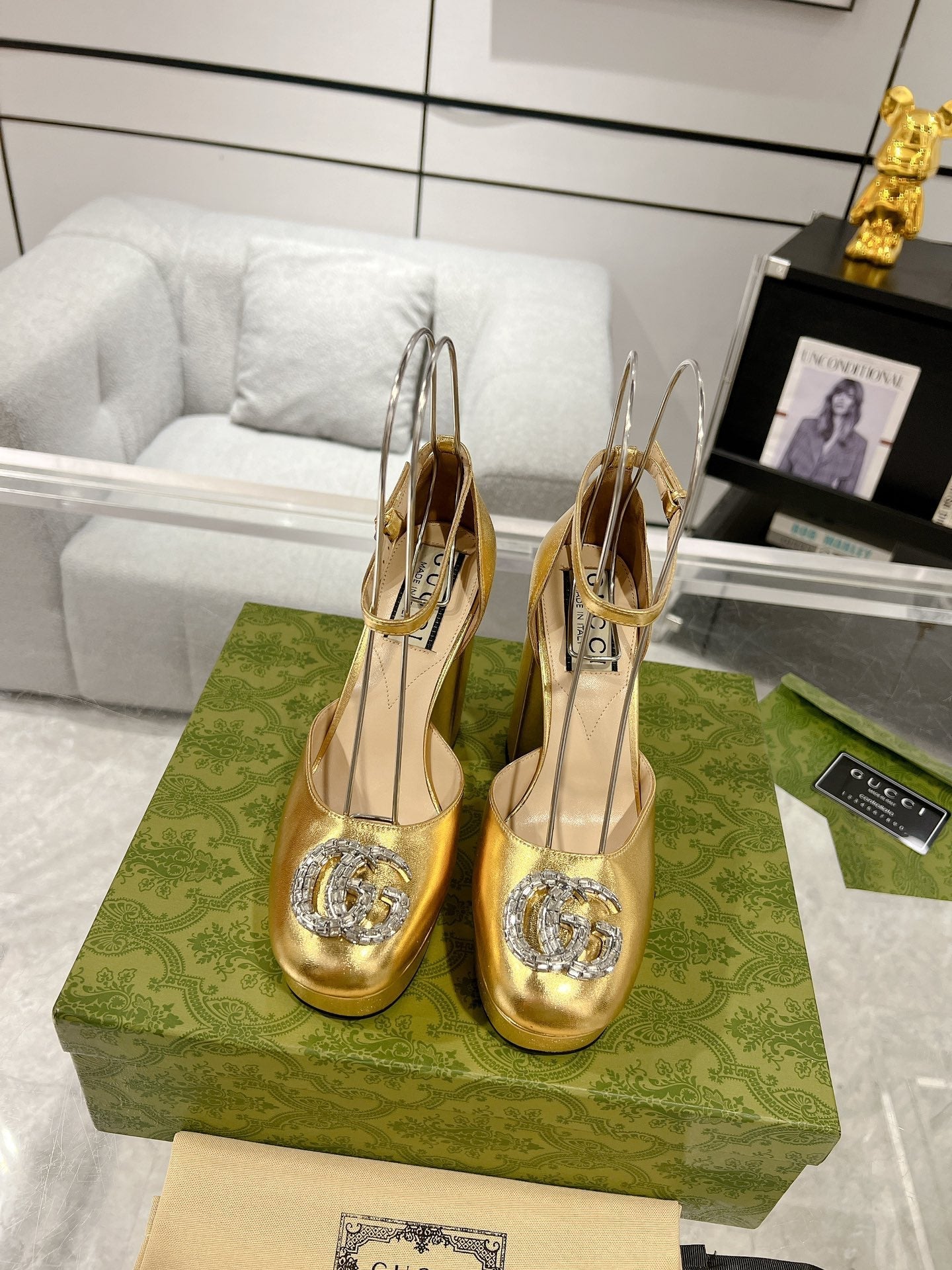 GUCCI HIGH SANDAL SQUARE HEEL 12 CM IN GOLD CALFSKIN