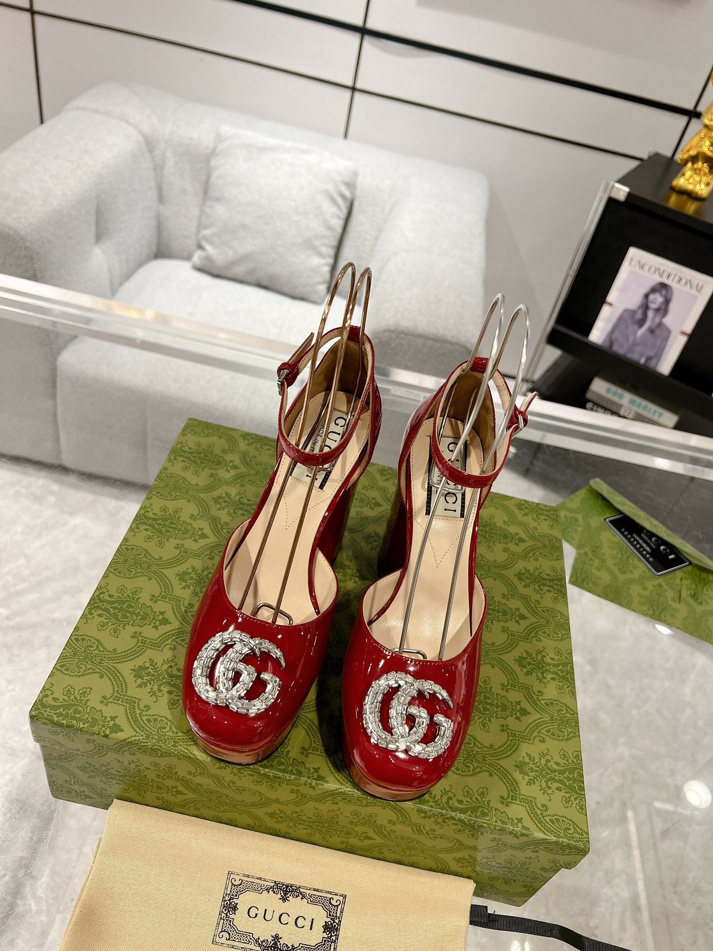 GUCCI HIGH SANDAL SQUARE HEEL 12 CM IN CHERRY RED CALFSKIN