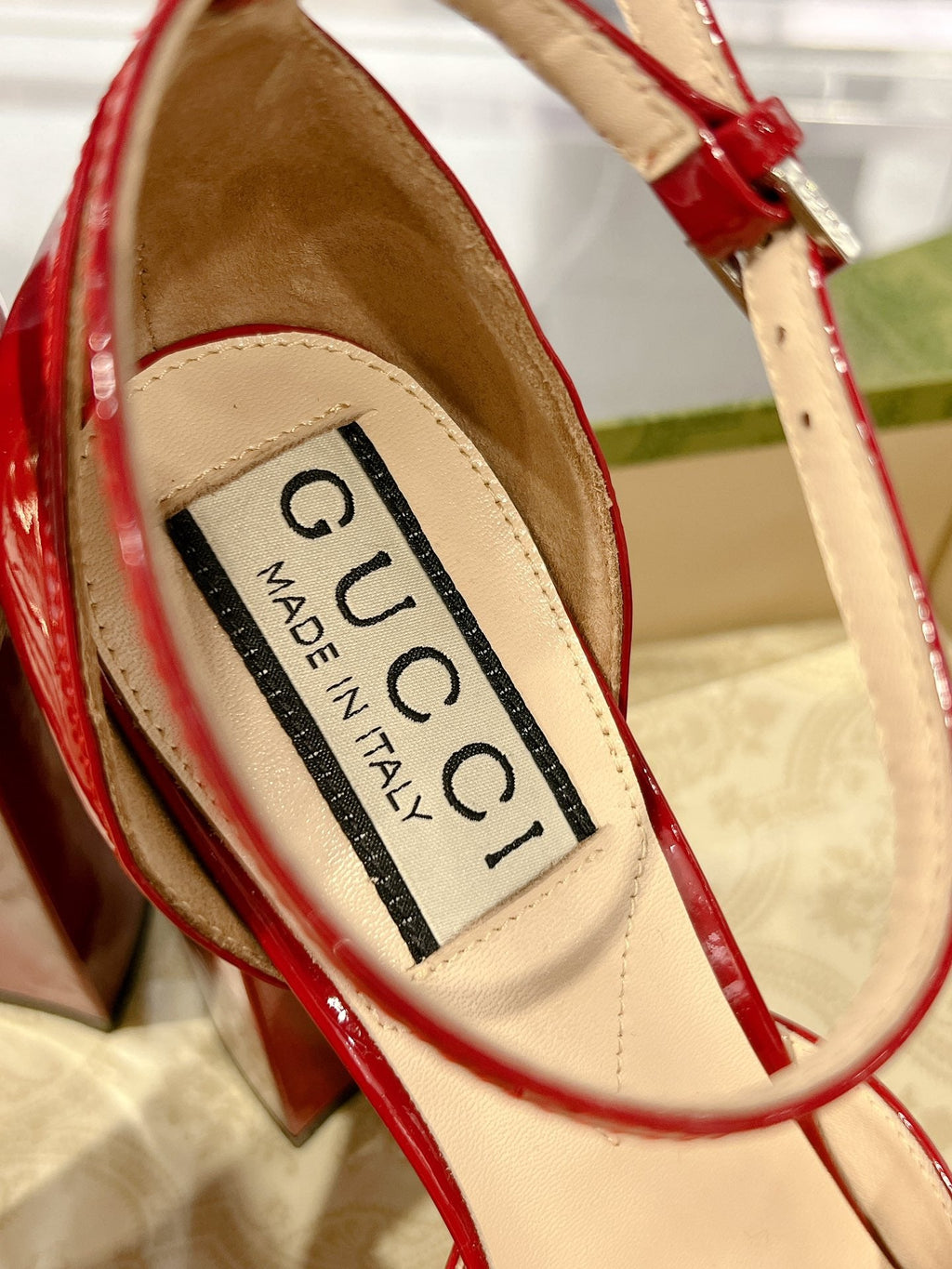 GUCCI HIGH SANDAL SQUARE HEEL 12 CM IN CHERRY RED CALFSKIN