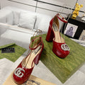 GUCCI HIGH SANDAL SQUARE HEEL 12 CM IN CHERRY RED CALFSKIN