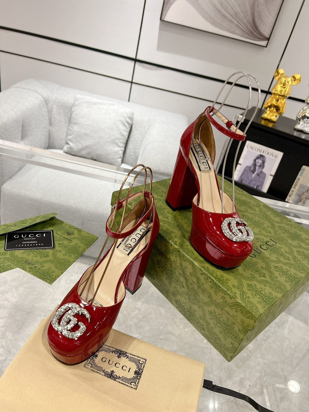 GUCCI CRYSTALS PLATFORM PUMPS SCARLET CALFSKIN