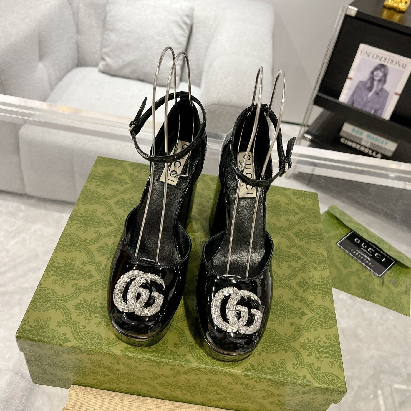 GUCCI CRYSTALS PLATFORM PUMPS BLACK CALFSKIN