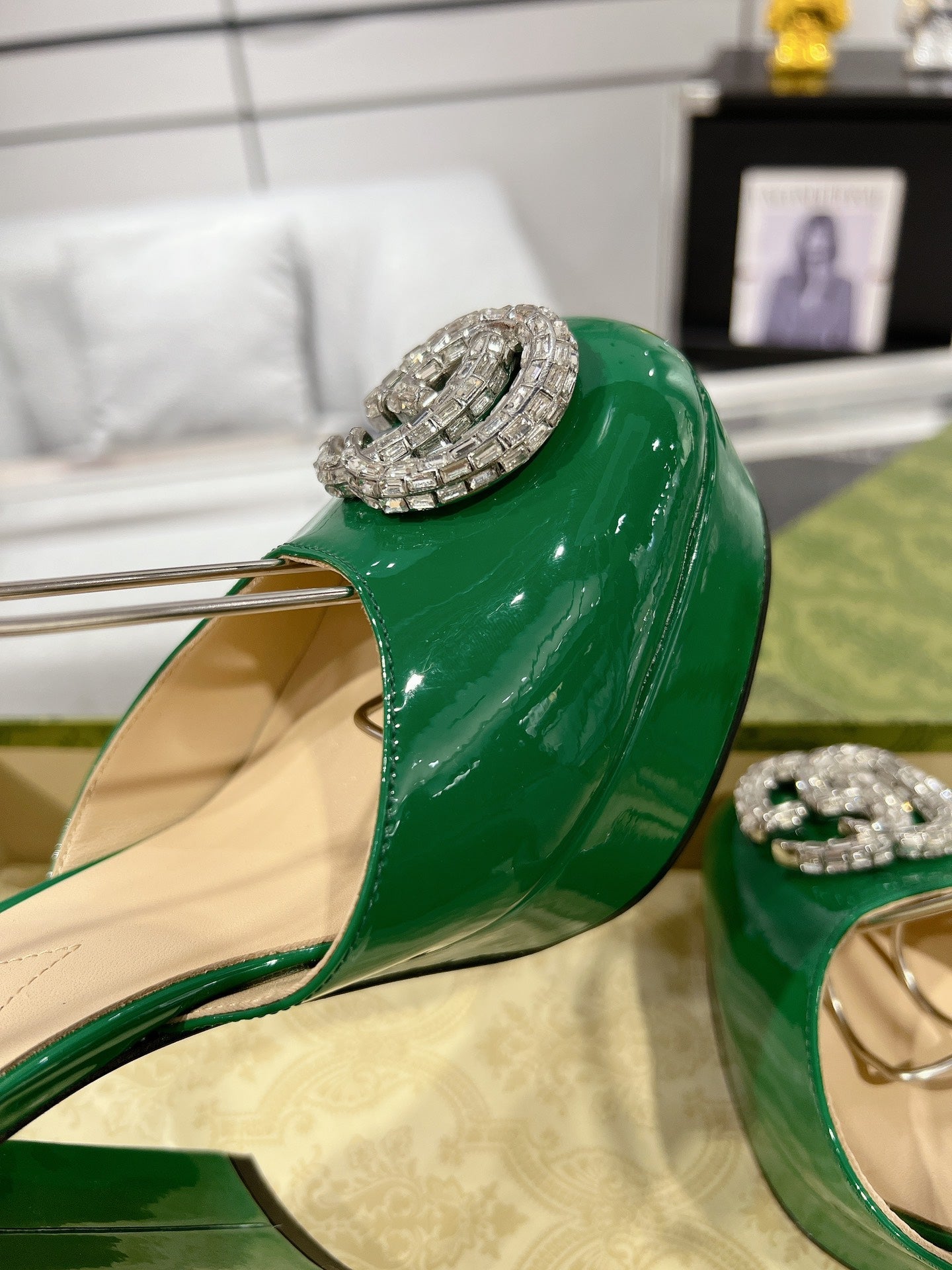 GUCCI HIGH SANDAL SQUARE HEEL 12 CM IN DARK GREEN CALFSKIN