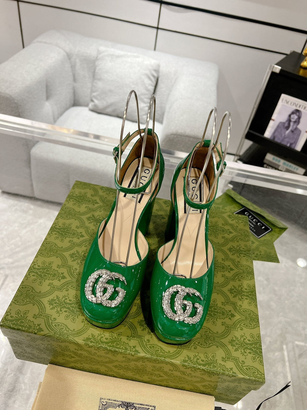 GUCCI HIGH SANDAL SQUARE HEEL 12 CM IN DARK GREEN CALFSKIN