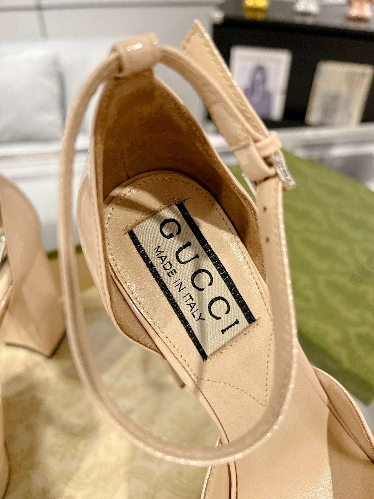 GUCCI HIGH SANDAL SQUARE HEEL 12 CM IN TAN BEIGA CALFSKIN