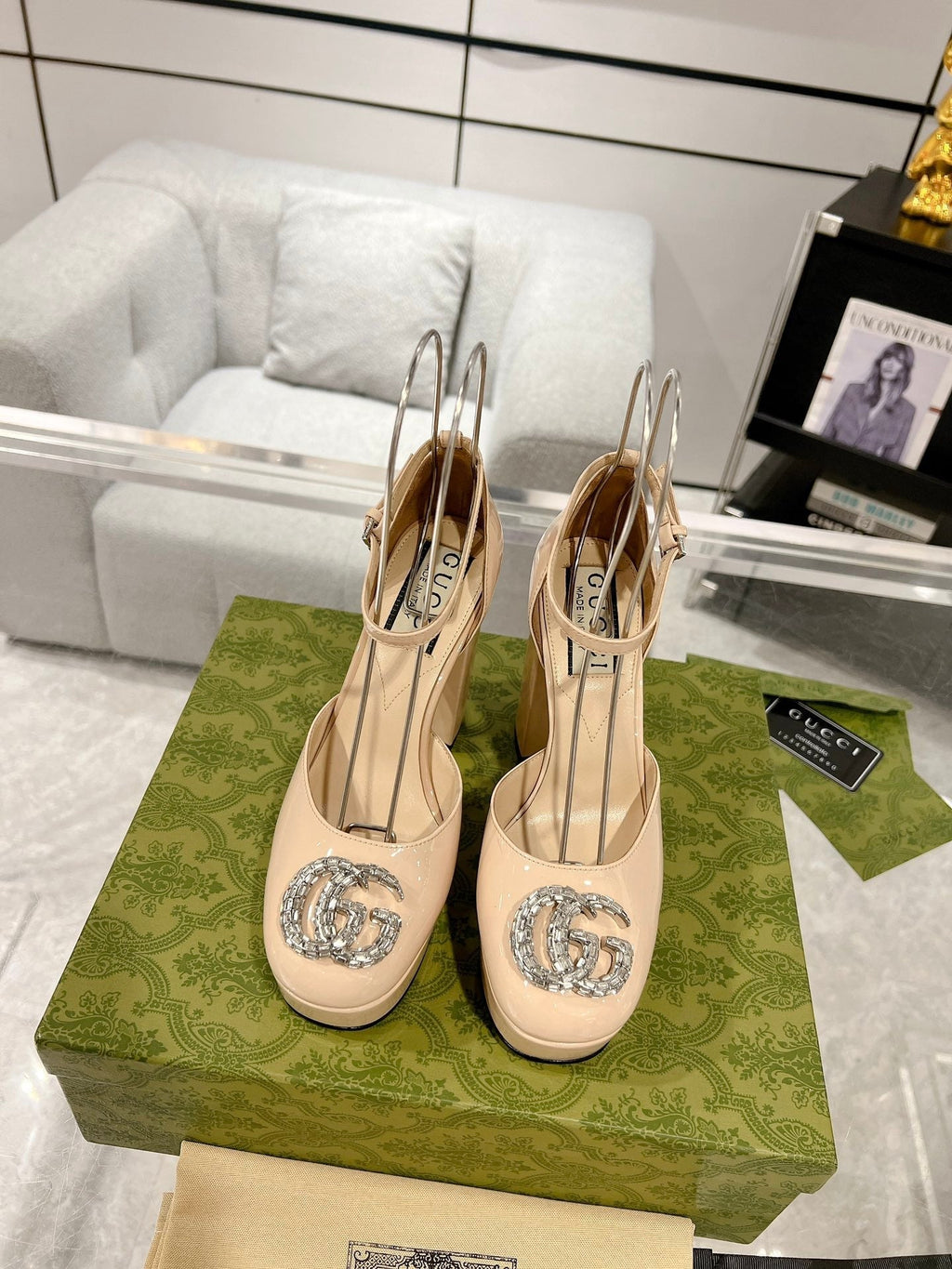 GUCCI HIGH SANDAL SQUARE HEEL 12 CM IN TAN BEIGA CALFSKIN