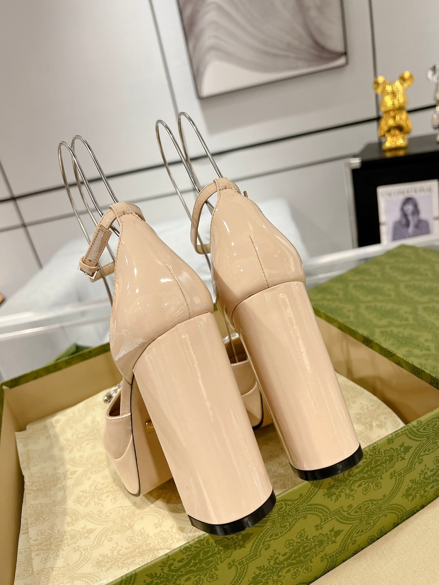 GUCCI HIGH SANDAL SQUARE HEEL 12 CM IN TAN BEIGA CALFSKIN