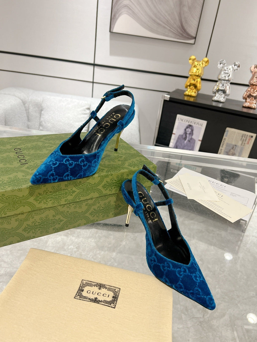 GUCCI SLINGBACK HIGH HEEL PUMP AZURE VELVET