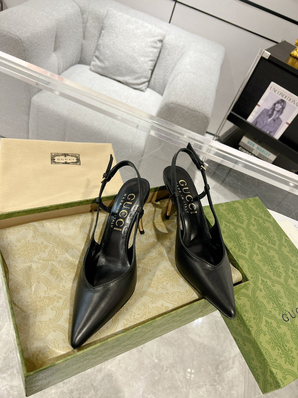 GUCCI SLINGBACK HIGH HEEL PUMP BLACK CALFSKIN