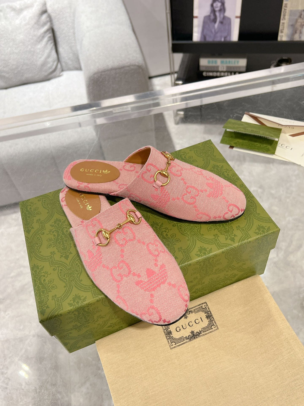 GUCCI & ADIDAS MULE HORSEBIT BUCKLE LIGHT PINK CANVAS