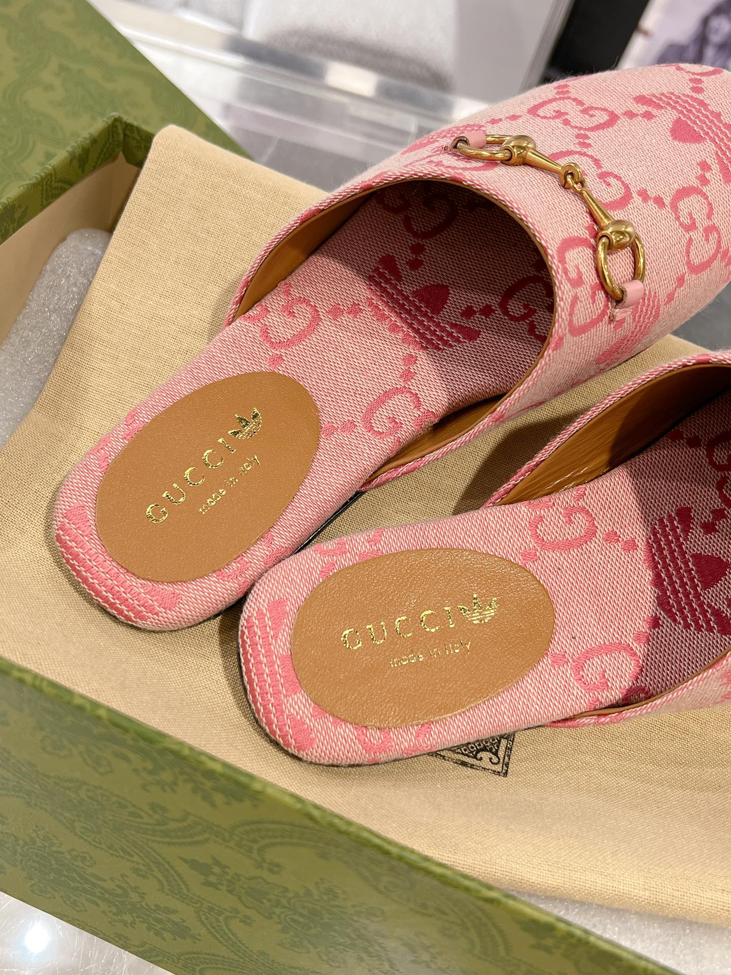 GUCCI & ADIDAS MULE HORSEBIT BUCKLE LIGHT PINK CANVAS