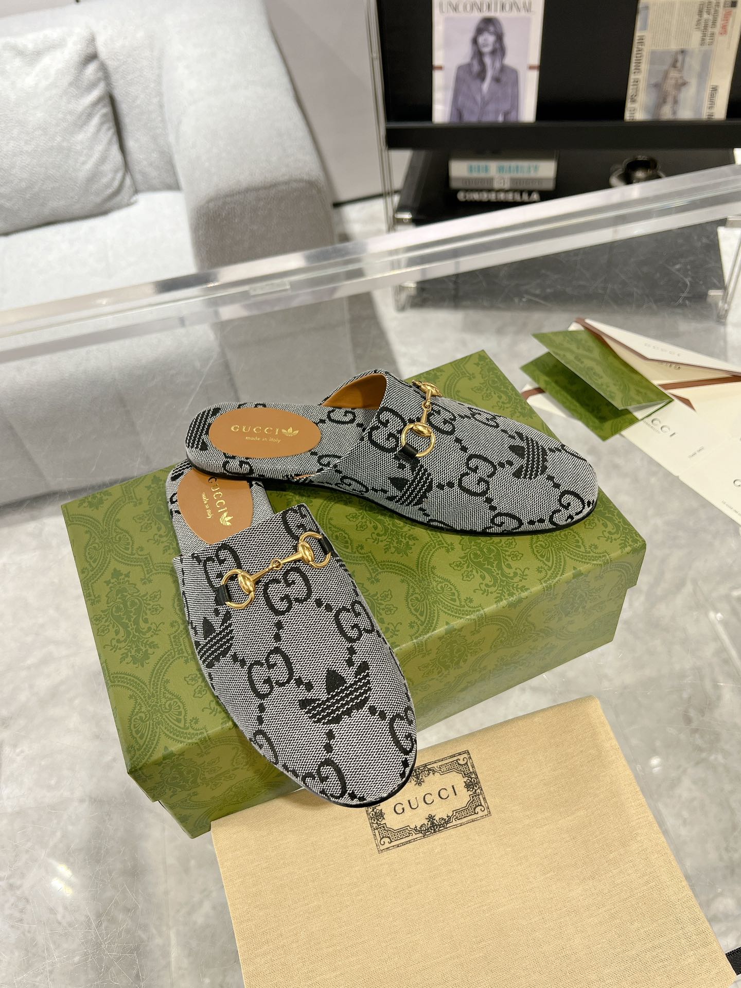 GUCCI & ADIDAS MULE HORSEBIT BUCKLE LIGHT GRAY CANVAS
