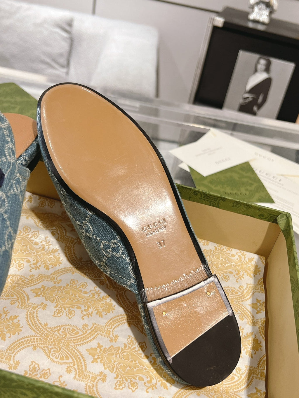 GUCCI MEN'S MULE WITH HORSEBIT IN SAPHIRE BLUE MONOGRAM JACQUARD FABRIC