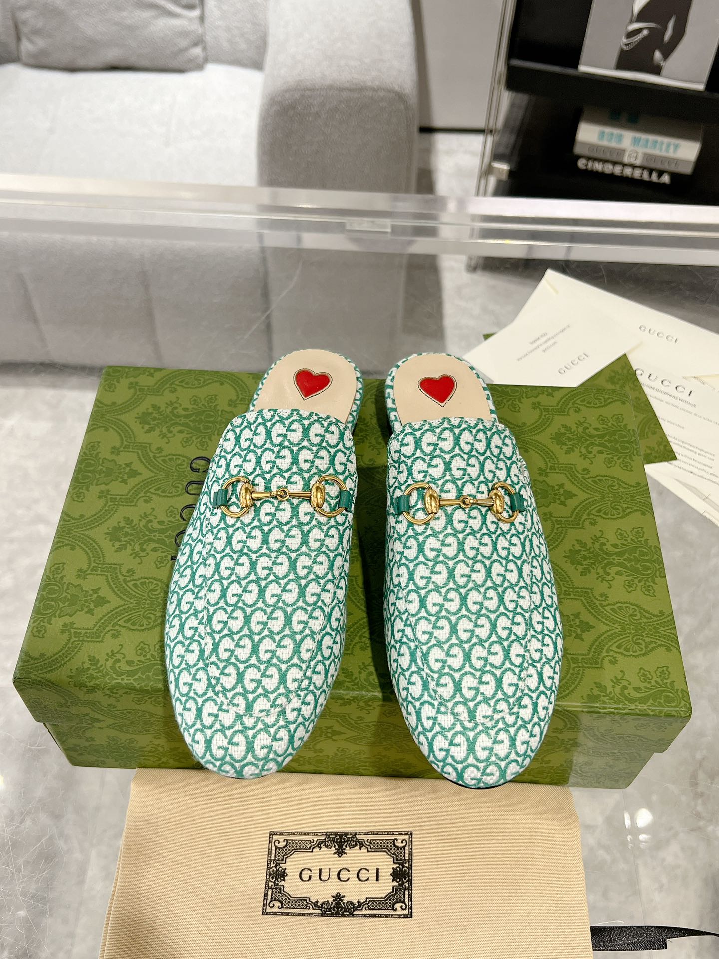 GUCCI MEN'S MULE WITH HORSEBIT IN MINT GREEN MONOGRAM JACQUARD FABRIC