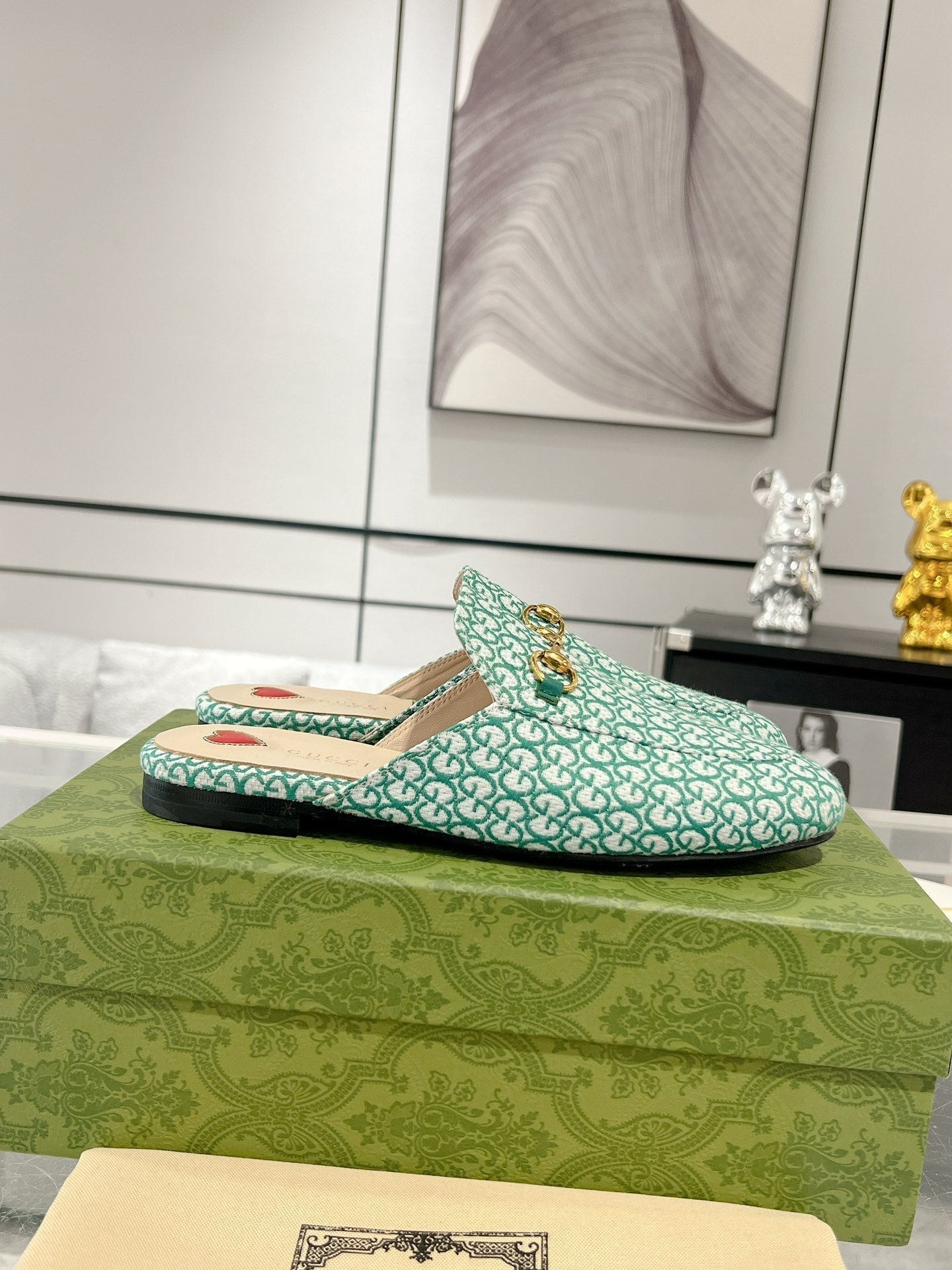 GUCCI MEN'S MULE WITH HORSEBIT IN MINT GREEN MONOGRAM JACQUARD FABRIC