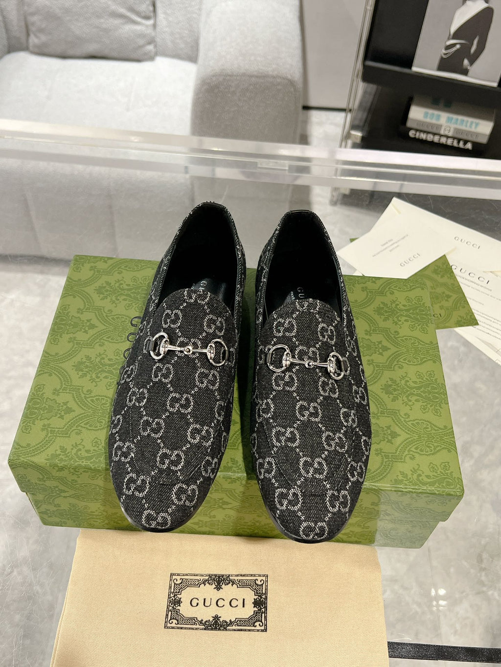 GUCCI MEN'S LOAFER WITH HORSEBIT IN BLACK MONOGRAM JACQUARD FABRIC