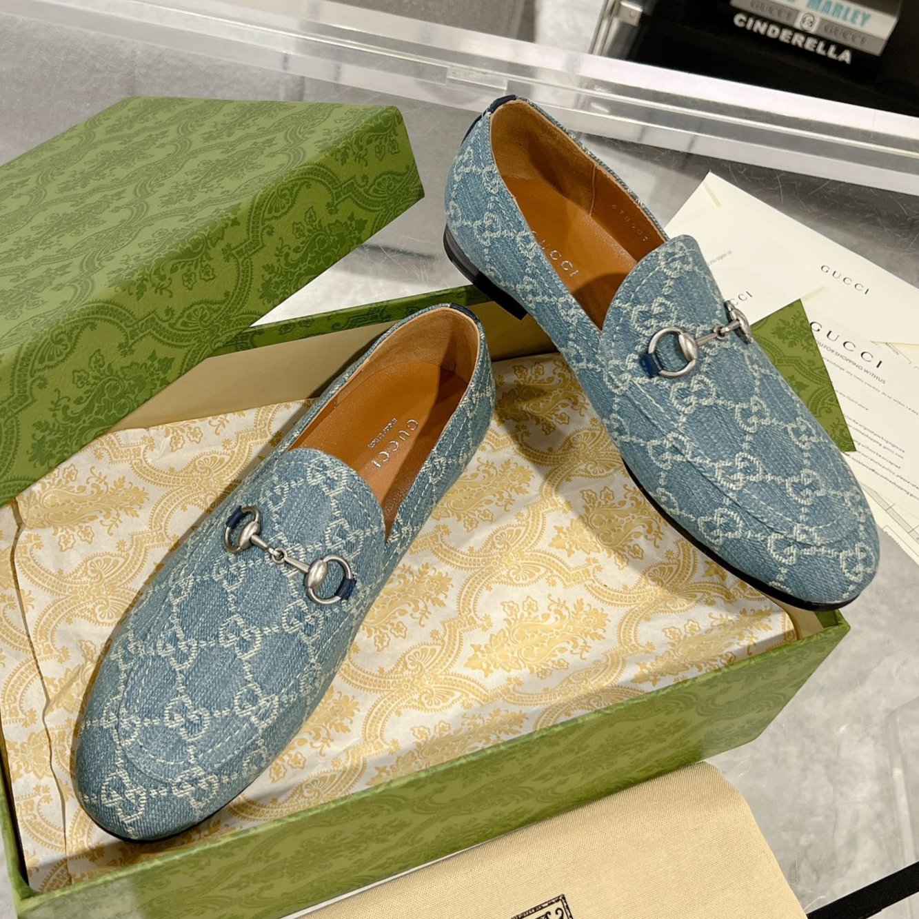 GUCCI MEN'S LOAFER WITH HORSEBIT IN SAPHIRE BLUE MONOGRAM JACQUARD FABRIC