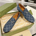 GUCCI MEN'S LOAFER WITH HORSEBIT IN DENIM BLUE MONOGRAM JACQUARD FABRIC