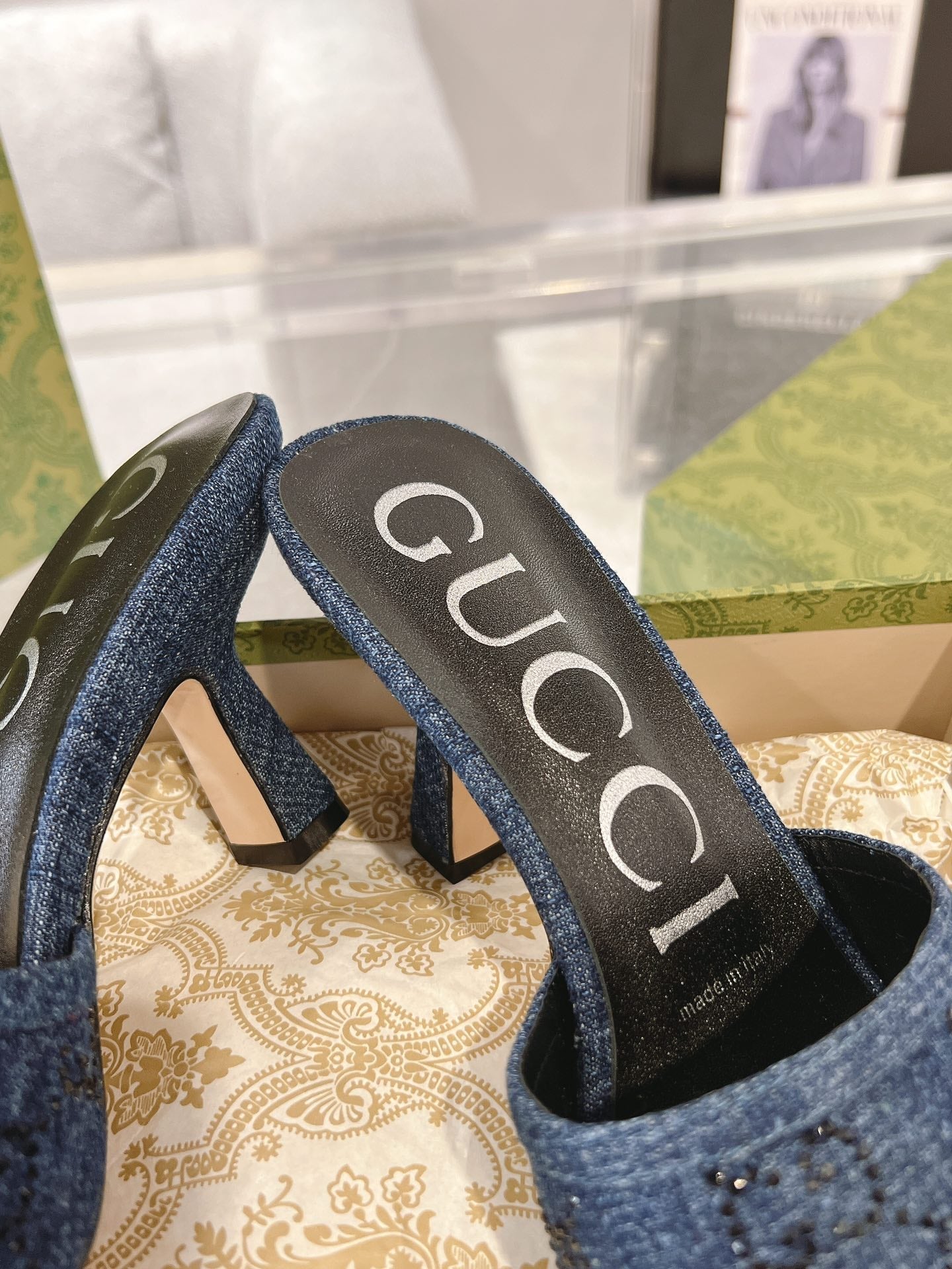 GUCCI CRYSTALS HIGH SANDAL DENIM CANVAS