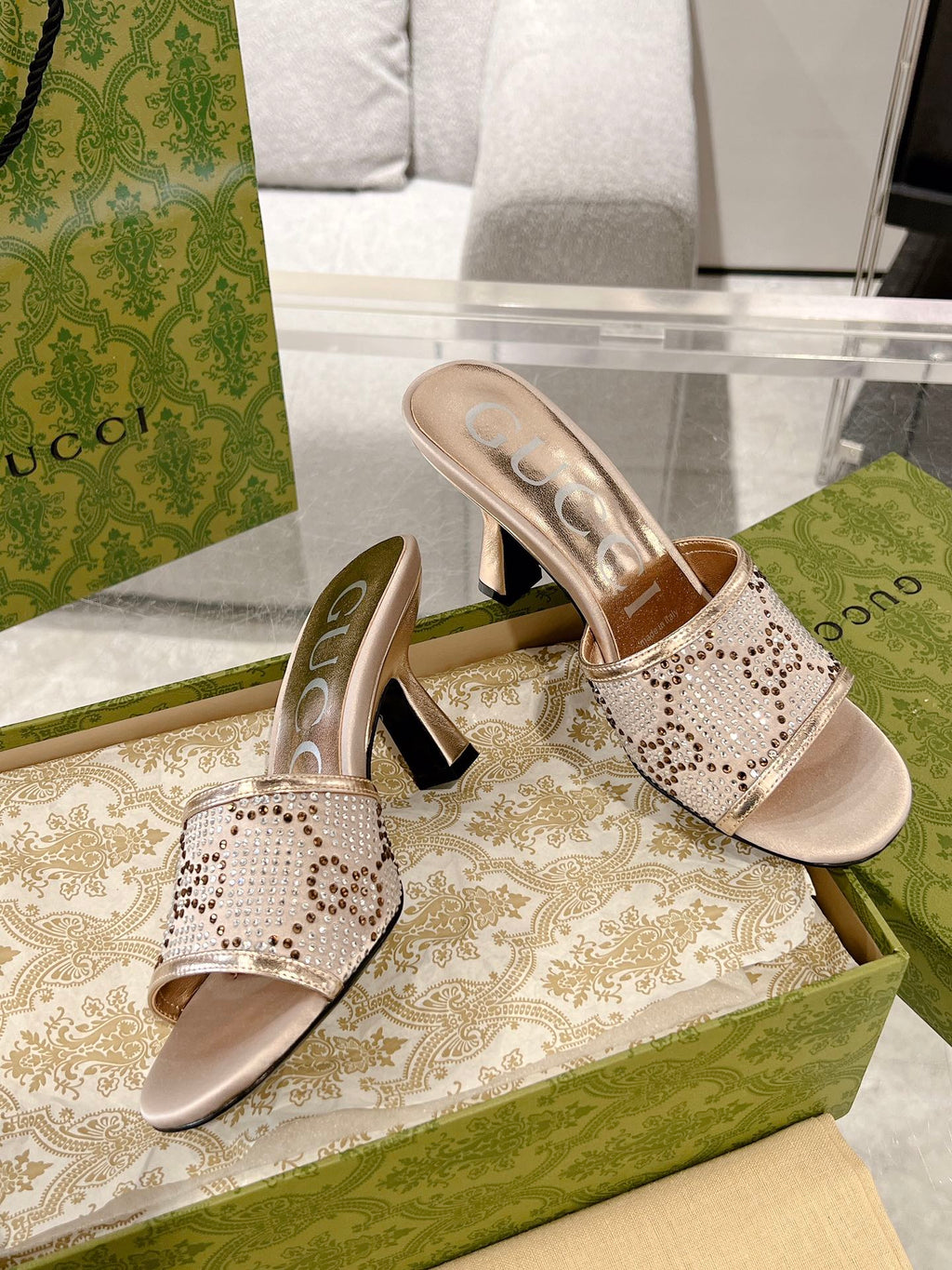 GUCCI CRYSTALS HIGH SANDAL CREAM CANVAS