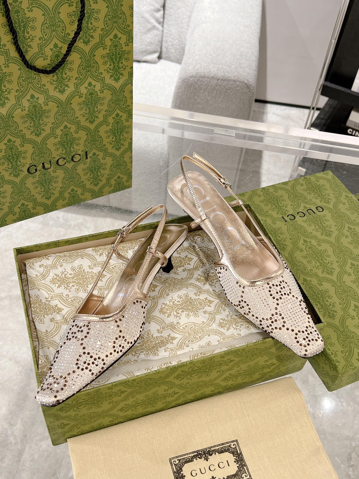 GUCCI CRYSTALS SLINGBACK PUMP CREAM FABRIC
