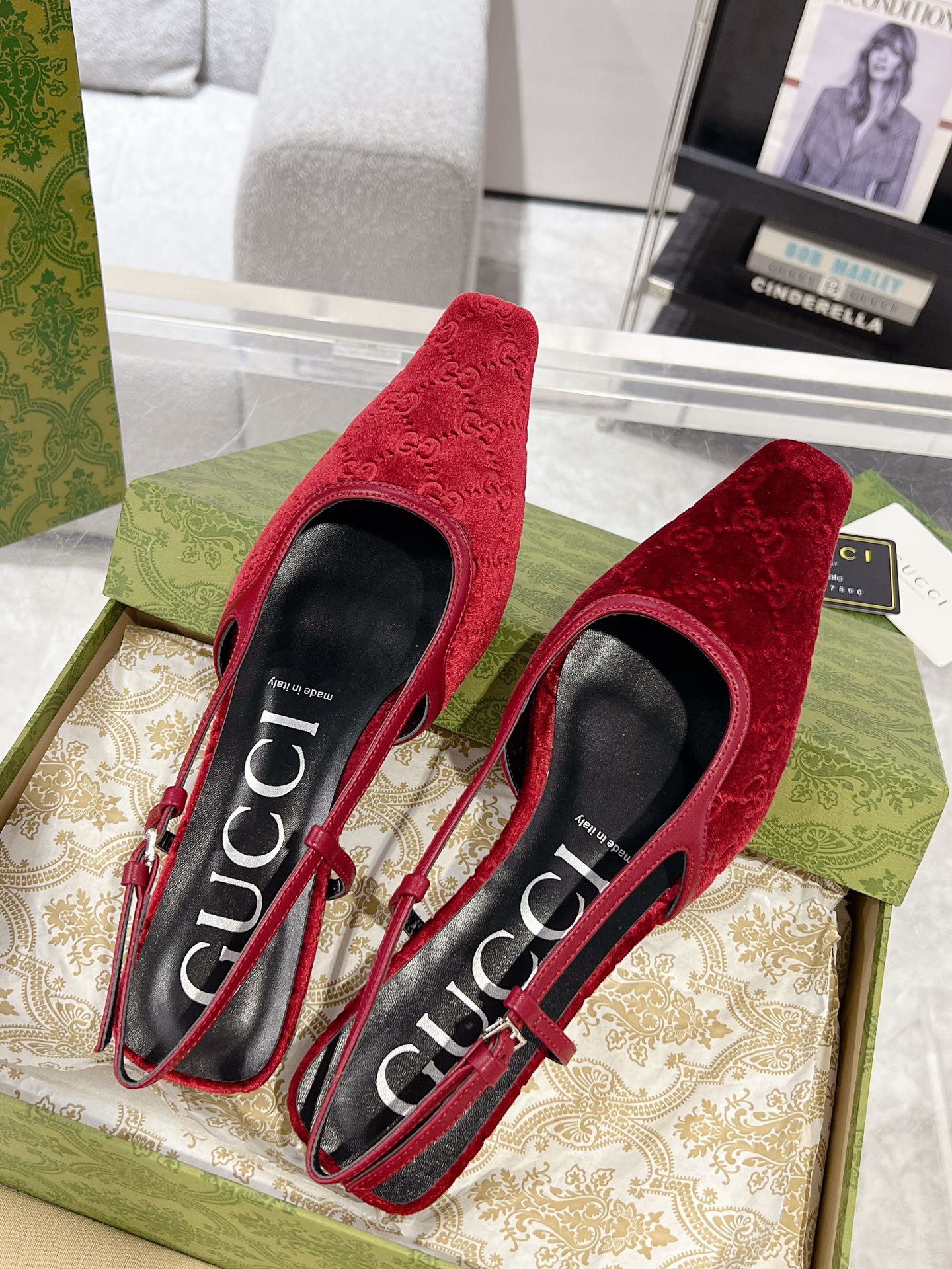 GUCCI SLINGBACK FLATS IN CHERRY RED VELVET
