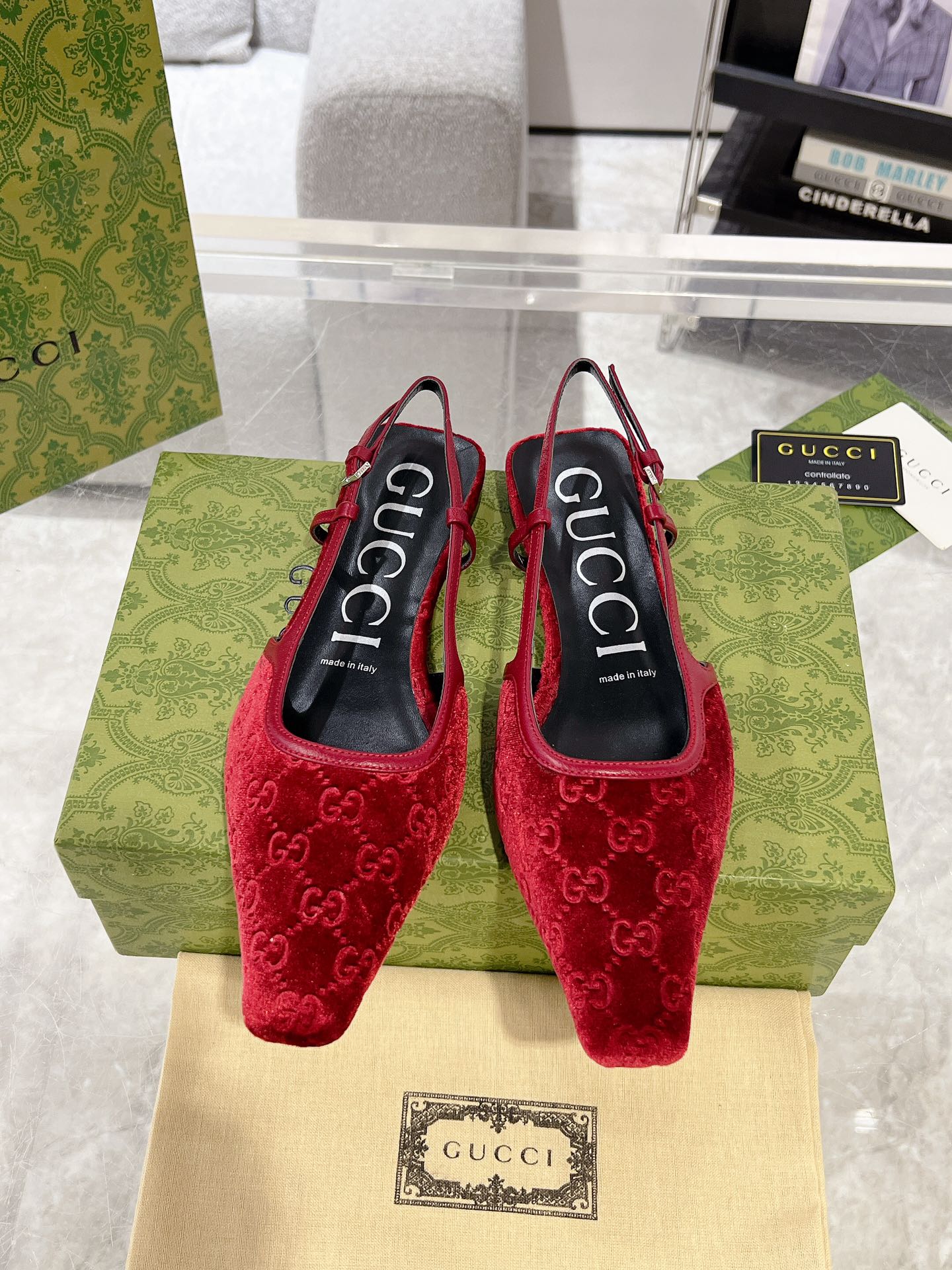 GUCCI SLINGBACK FLATS IN CHERRY RED VELVET