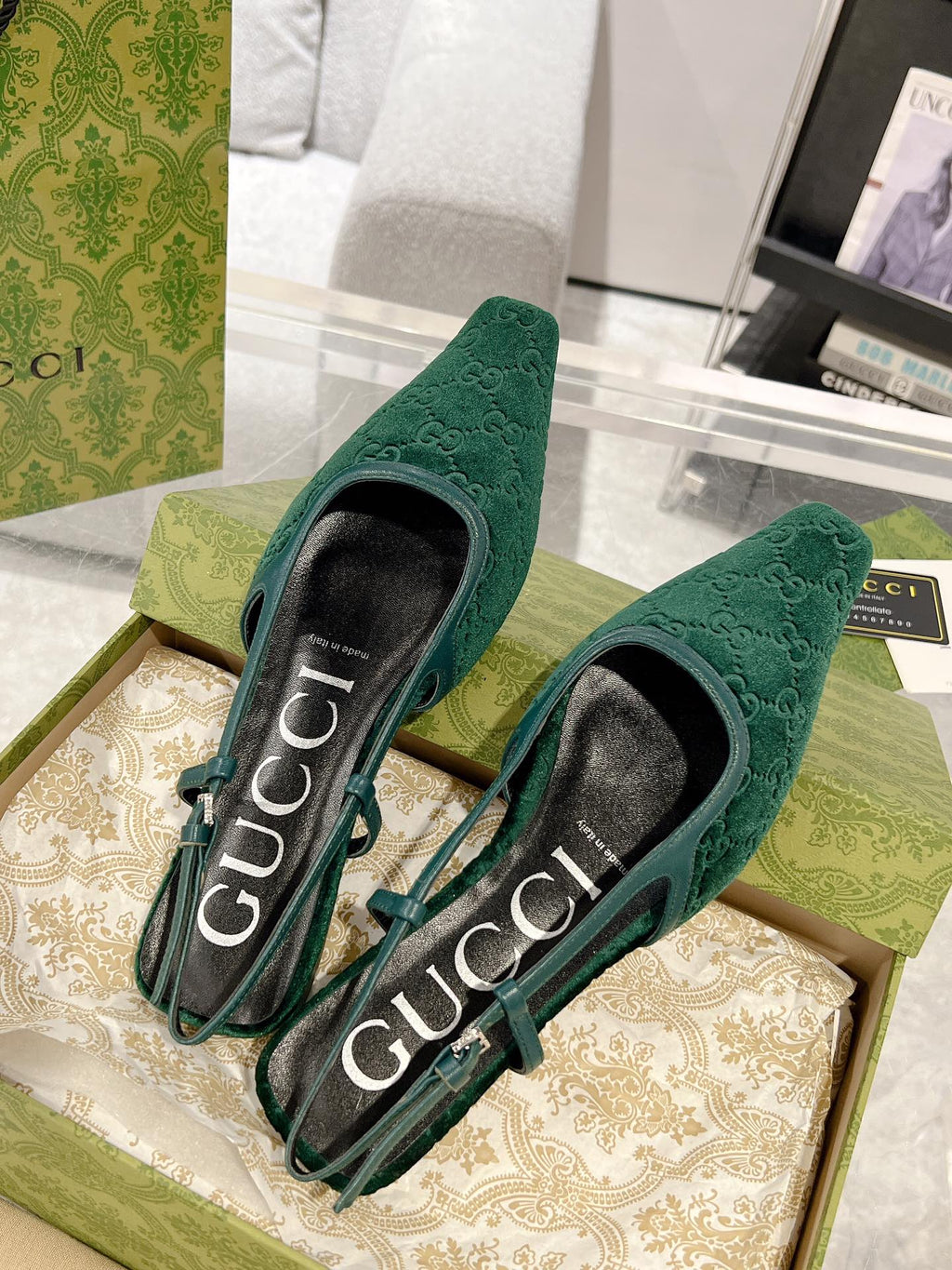 GUCCI SLINGBACK FLATS CASTLETON GREEN VELVET