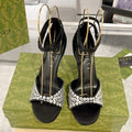 GUCCI CRYSTAL BLACK HIGH HEEL SANDALS SATIN