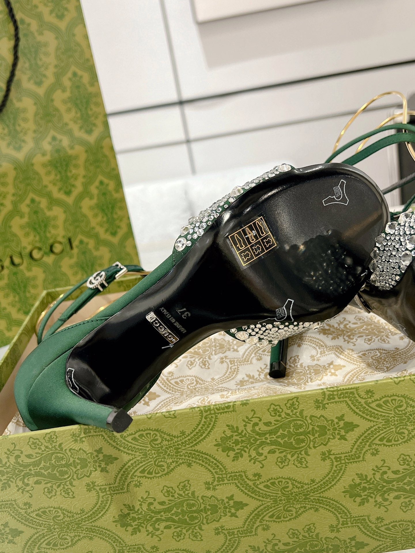 GUCCI CRYSTAL ASTLETON GREEN HIGH HEEL SANDALS SATIN