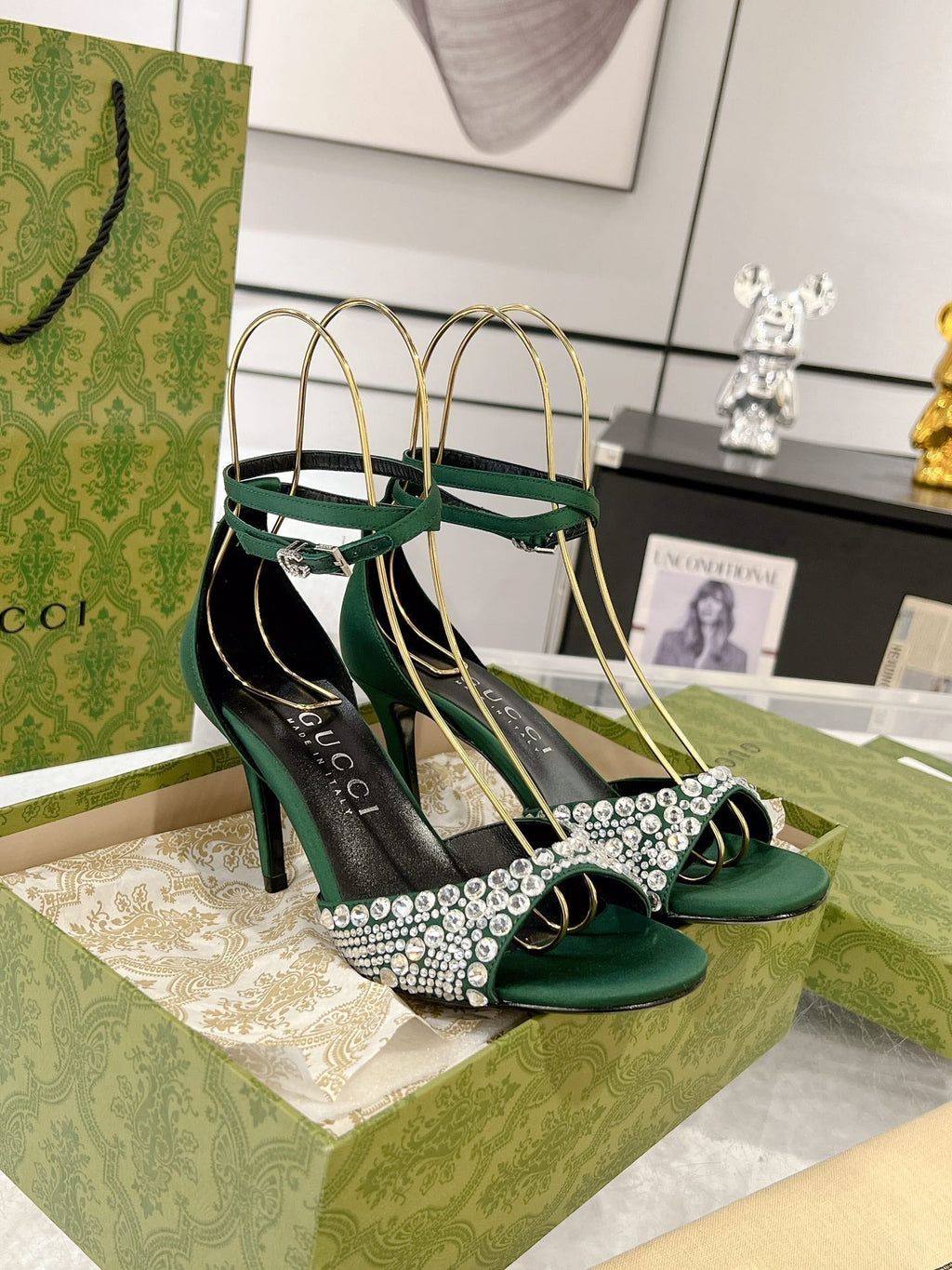 GUCCI CRYSTAL ASTLETON GREEN HIGH HEEL SANDALS SATIN