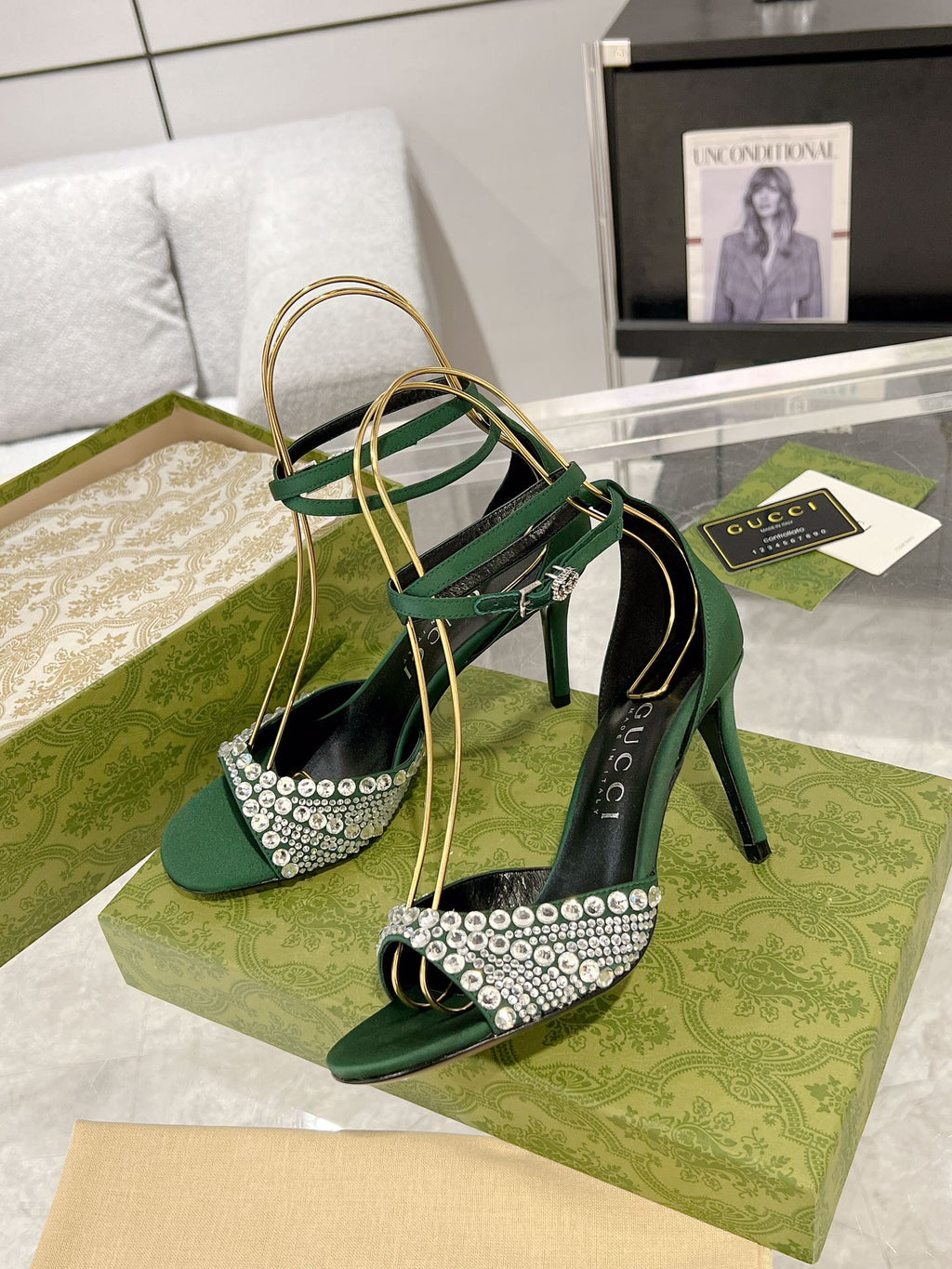 GUCCI CRYSTAL ASTLETON GREEN HIGH HEEL SANDALS SATIN