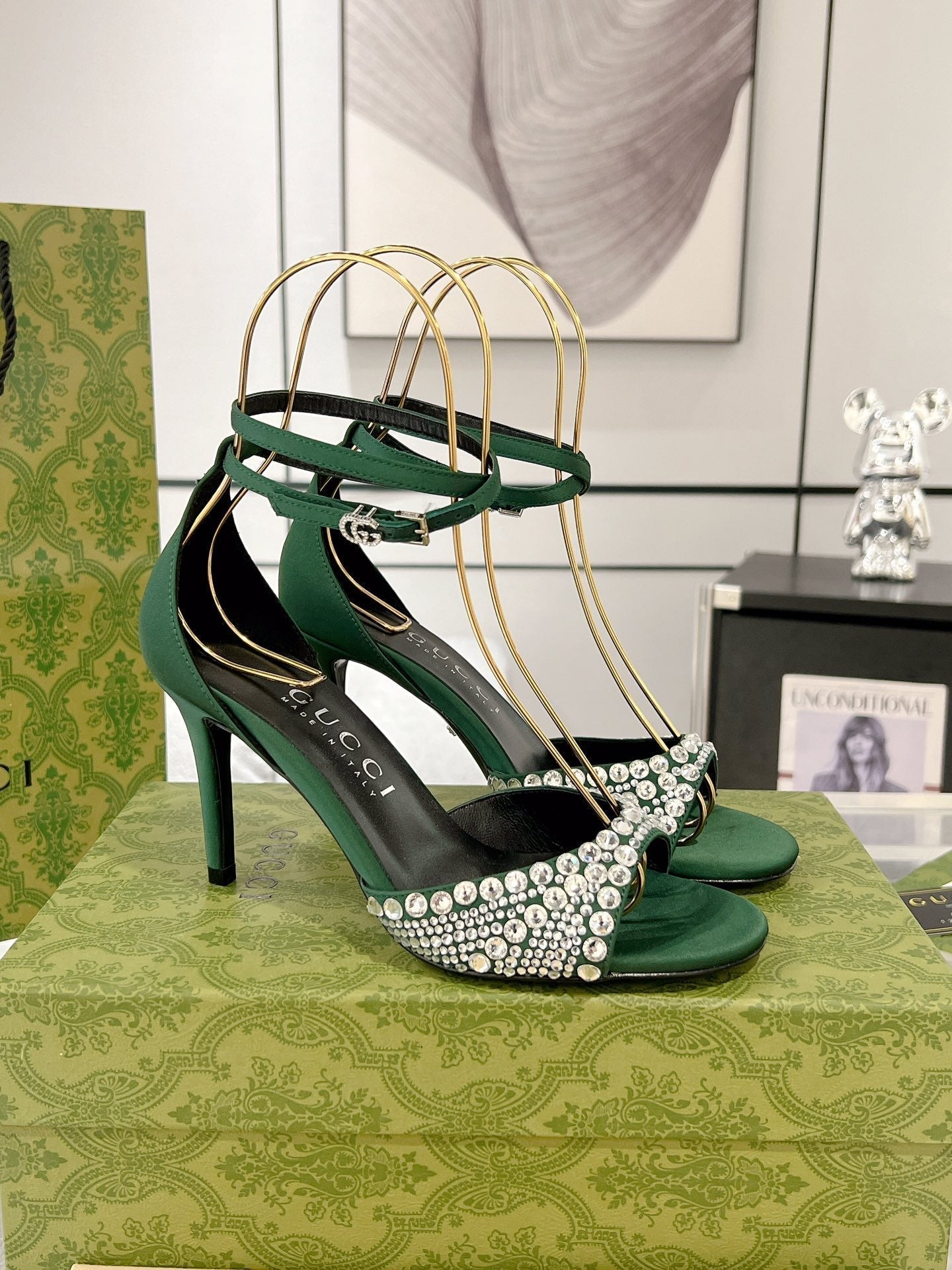 GUCCI CRYSTAL ASTLETON GREEN HIGH HEEL SANDALS SATIN