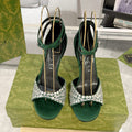 GUCCI CRYSTAL ASTLETON GREEN HIGH HEEL SANDALS SATIN