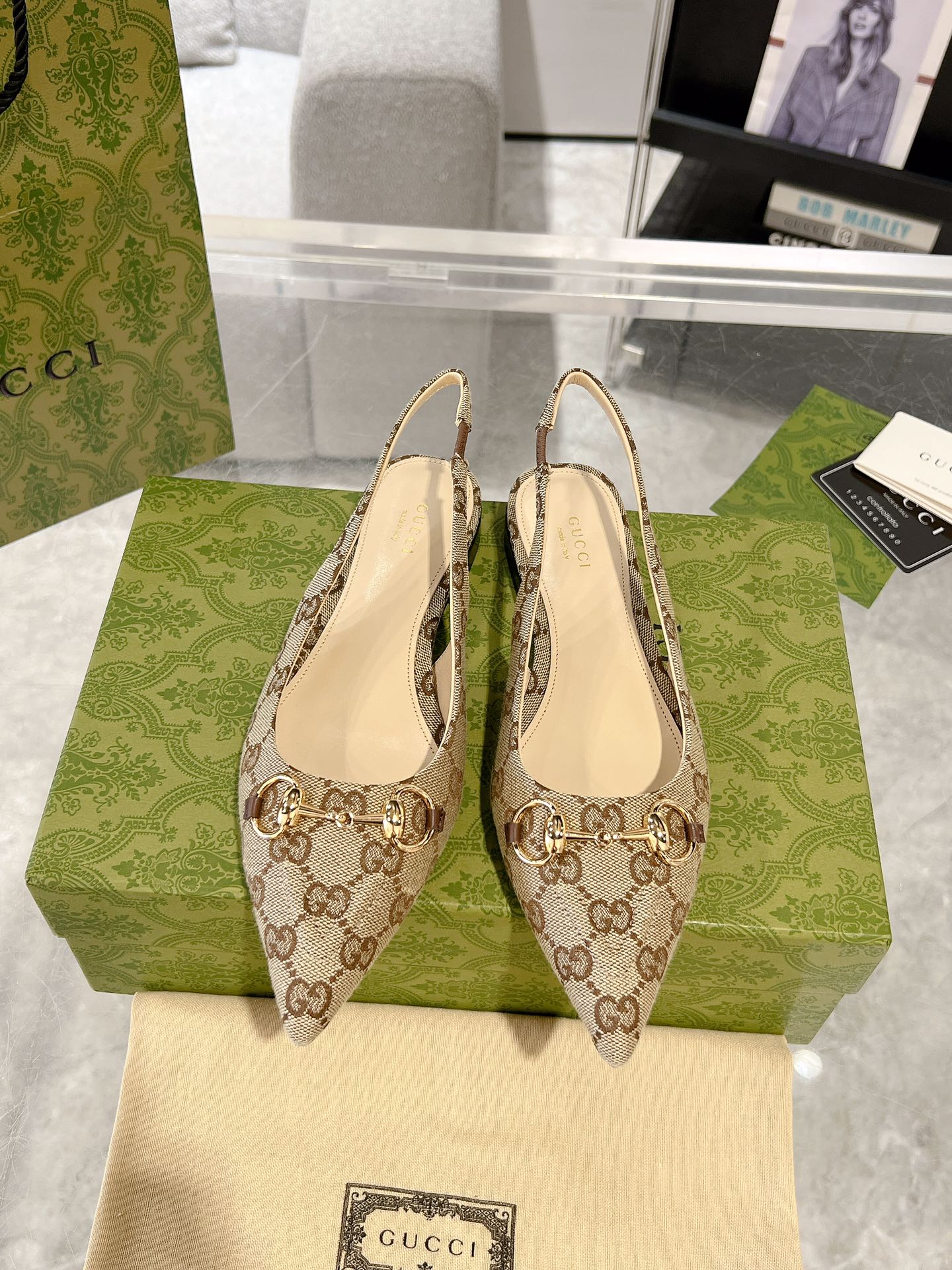 GUCCI HORSEBIT SLINGBACK BALLET FLAT TAN BEIGE CANVAS