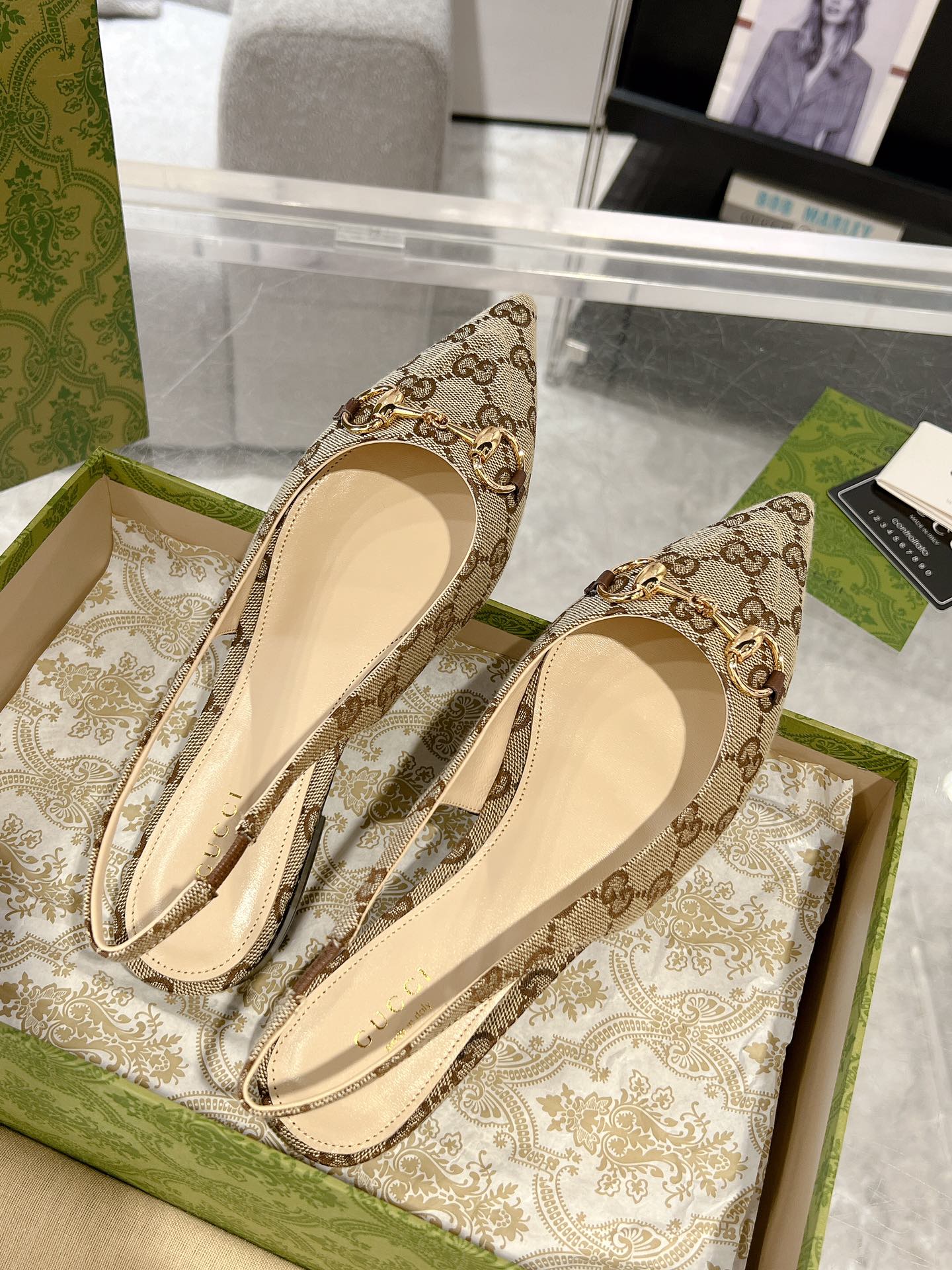 GUCCI HORSEBIT SLINGBACK BALLET FLAT TAN BEIGE CANVAS