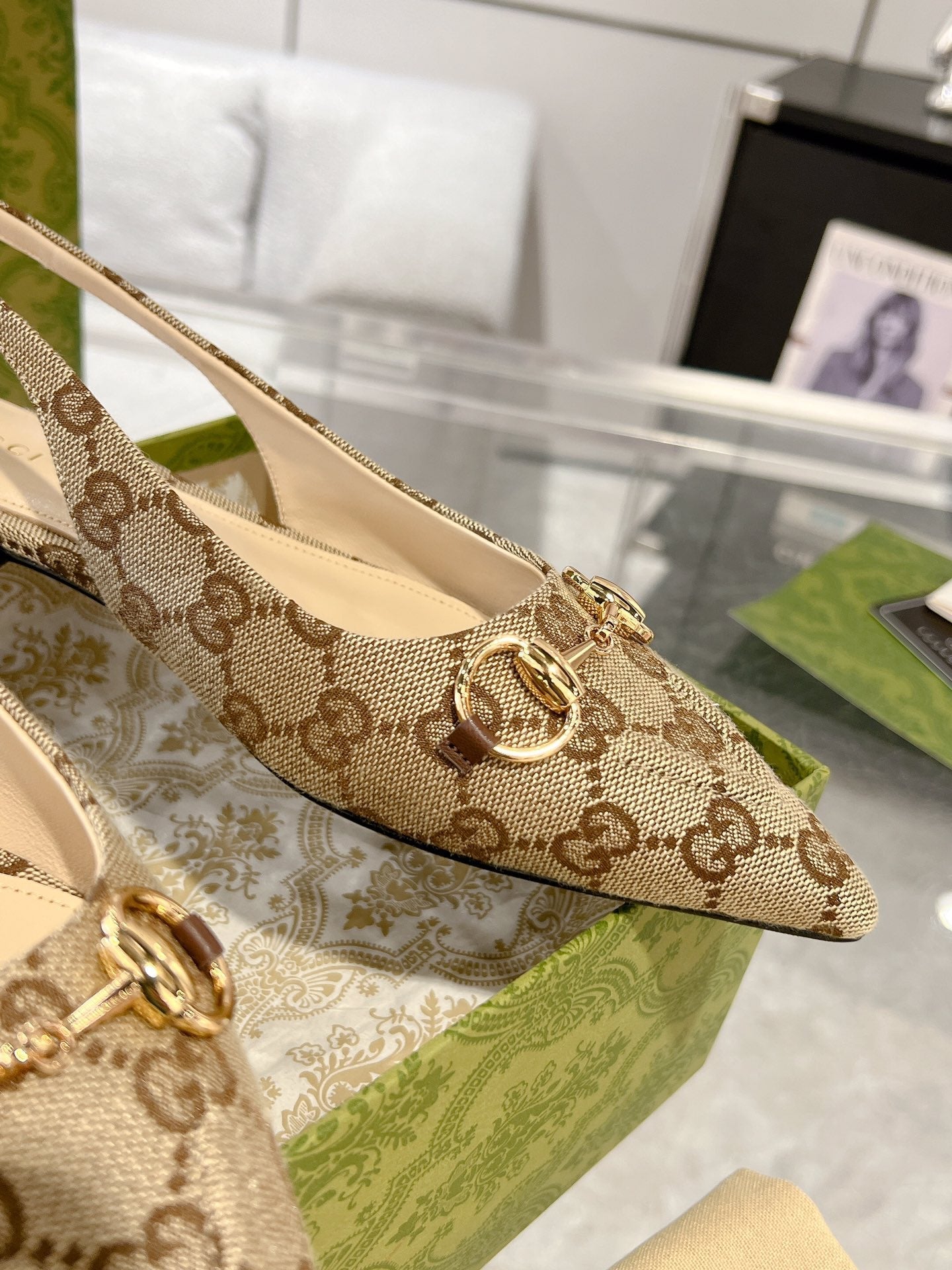 GUCCI HORSEBIT SLINGBACK BALLET FLAT TAN BEIGE CANVAS